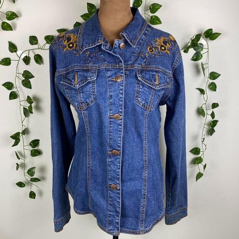 Blue denim jean jacket cotton gold floral embroidery boho chic western festival